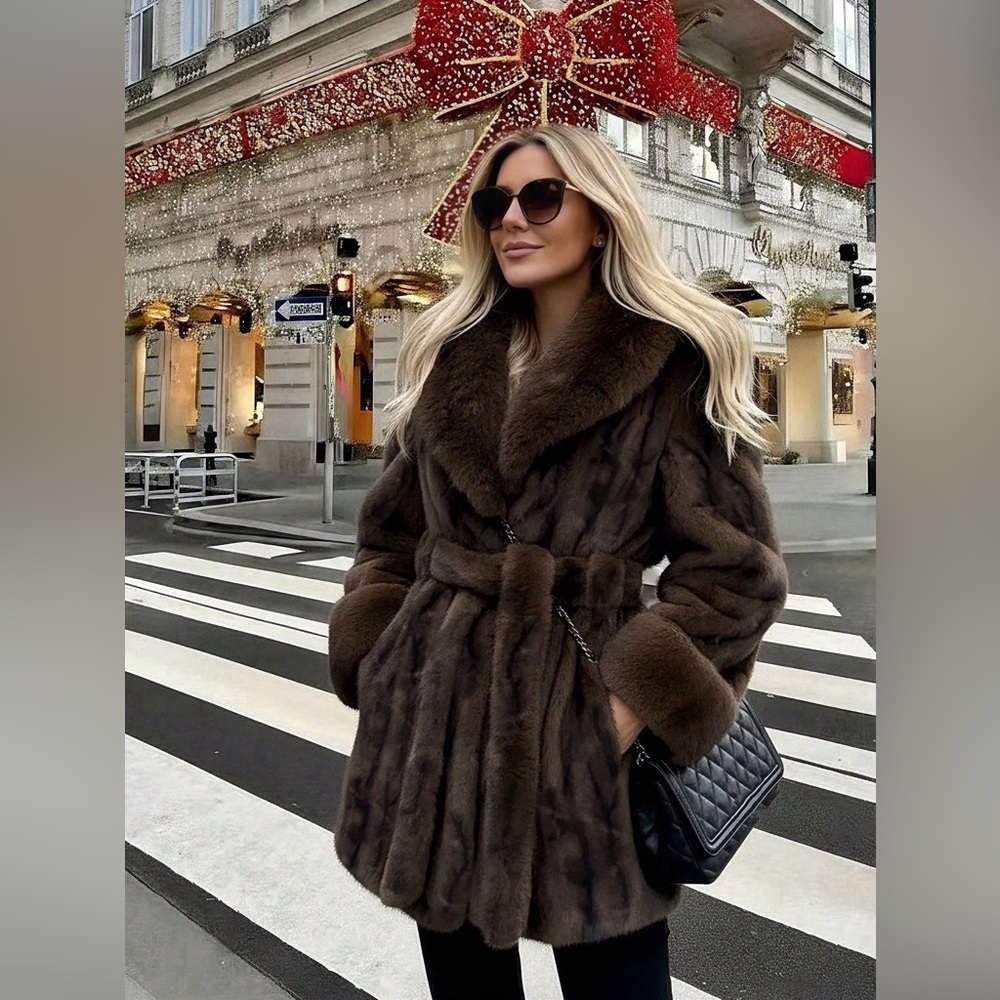 Vintage style luxury faux fur coat fur collar belted chocolate brown